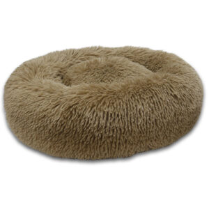 Ein rundes Josty Bett Fluffy Braun 50 cm großes Haustierbett in flauschigem Beige.